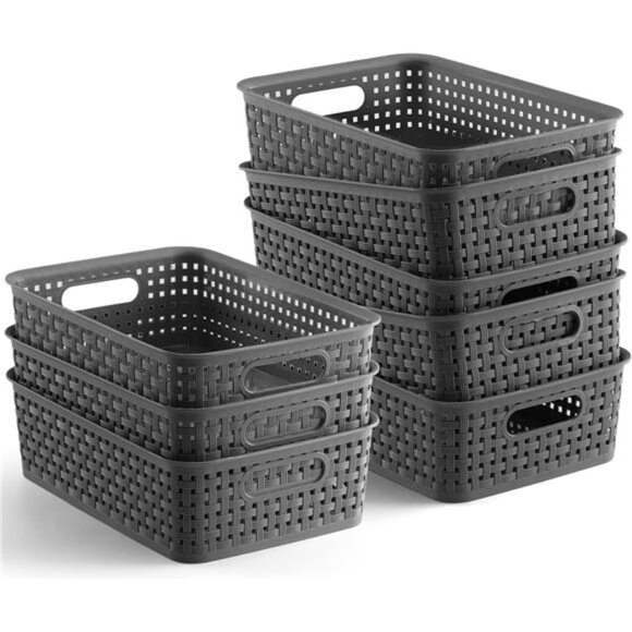 Plastic Storage Baskets Set of 8 Gray Organizer Bins for Closet Shelf Cabinet - Picture 1 of 7
